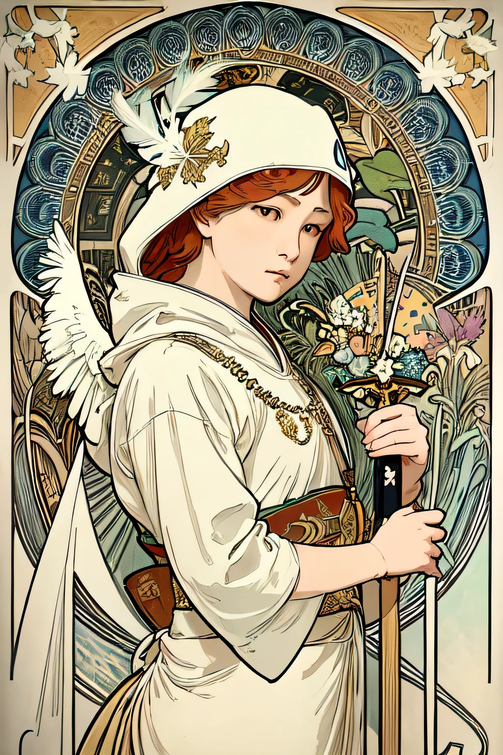 (Art Nouveau:1.25), Angel、White Feather、Maximalism art style,Neon Theme,Suprematism,beautiful detailed beautiful detailed ,Super detailed,,超high quality,,,Beautiful colors,knight,Attention to detail, high quality,Backlight、Upper Body ,high quality,、Upper Body, Hold the sword in both hands、(Put on Armor 1.2)、Landscape、Close ~ eyes、Put on the hood