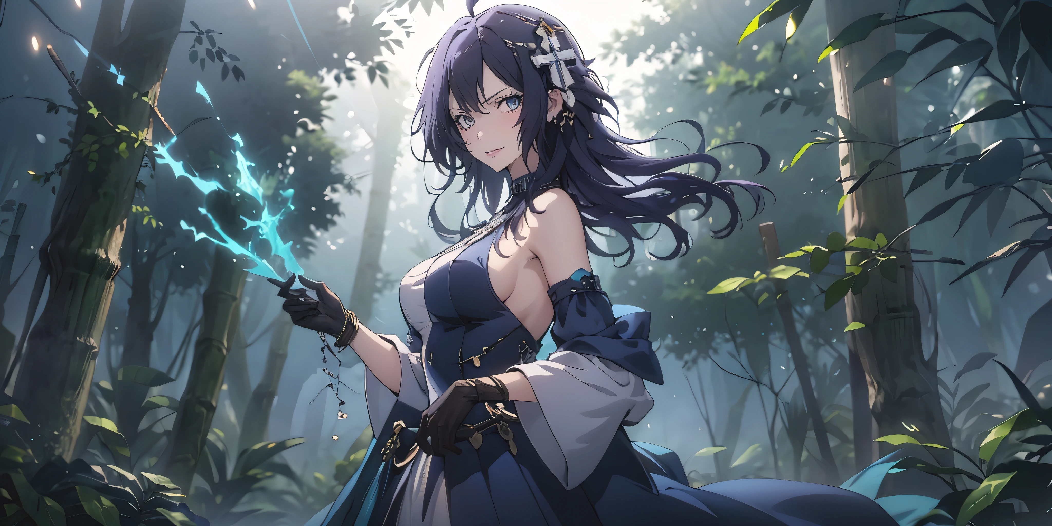 MC, ahoge, (long hari, purple hair:1.3), hair ornament, dark-blue eyes, anatomically correct, heavy breathing, mature female, 1girl, solo, long hair, breasts, looking at viewer, large breasts, gloves, dress, holding, bare shoulders, jewelry, standing, earrings, outdoors, parted lips, detached sleeves, sleeveless, choker, black gloves, wide sleeves, black dress, from side, looking to the side, sideboob, sleeveless dress, plant, nature, forest, long dress, bamboo, bamboo forest, electricity, (bokeh:1.3) reflective, (fog:1.3), fireflies, hollow eyes, bright pupils, dark-blue eyes, looking at viewer. glowing eyes heavy breathing, seductive smile, (steaming face:1.3), blush face, lips,