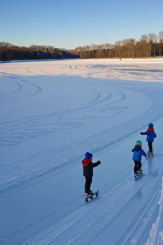frozen lake in winter, 2 s skating on the lake