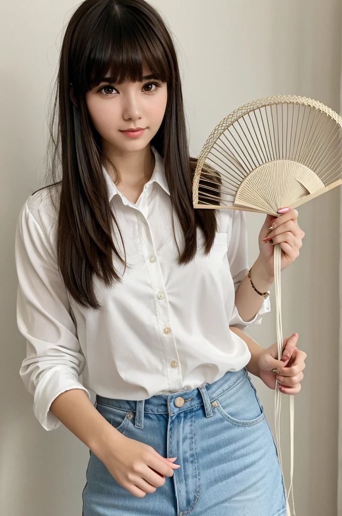 Girl white skin brown hair and bangs executive holding a fan made with safety pins
