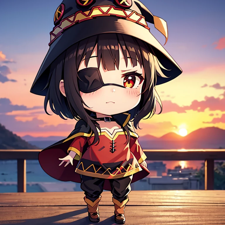 Eye patch、Megumin、(chibi), full body, (masterpiece), highest quality, sunset