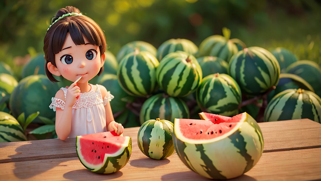 A little girl happily eats watermelon : 0.8), (Realist: 1.2) (Bokeh) (Better quality) (Delicate skin: 1.3) (Intricate details) (8K) (Detail eyes) (Sharp focus), (Happy)，Correct anatomy，Image size 16：9