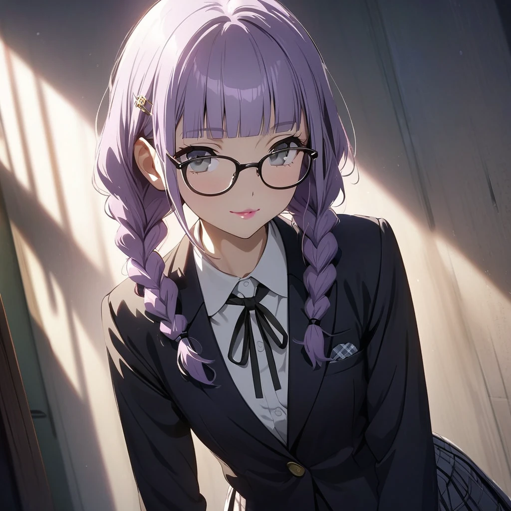 (Cute a girl:1.5), (masterpiece:1.3), anime visual, (school uniform Navy blazer, black ribbon tie, white blouse, checked skirt:1.3 ), (Lovey-dovey:1.5), (tilt head:1.3), extremely delicate face, soft clean focus, realistic lighting and shading, (an extremely delicate and beautiful art:1.3), elegant, (muted colors:1.1),(one girl with closs hair pin,pale purple hair,wavy two braids,blunt bangs hair,green and black eyes.pink lips:1.4), small breast,slim,smile,Slender,morning lit,Glasses, twin braids, men's suit, tie,