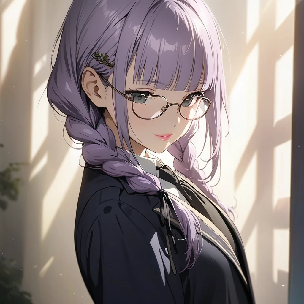 (Cute a girl:1.5), (masterpiece:1.3), anime visual, (school uniform Navy blazer, black ribbon tie, white blouse, checked skirt:1.3 ), (Lovey-dovey:1.5), (tilt head:1.3), extremely delicate face, soft clean focus, realistic lighting and shading, (an extremely delicate and beautiful art:1.3), elegant, (muted colors:1.1),(one girl with closs hair pin,pale purple hair,wavy two braids,blunt bangs hair,green and black eyes.pink lips:1.4), small breast,slim,smile,Slender,morning lit,Glasses, twin braids, men's suit, tie,