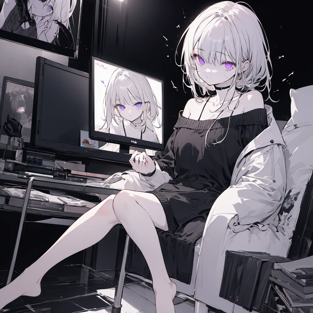 ((Best quality)), ((masterpiece)), (detailed), 1 girl, off shoulder sweater, albino, Violet eyes, night, realistic lighting, slender bare legs, detailed hands Your eyes are like two cursors Flashing on your face.
I swear to you by the monitor - I need you as COMMAND.COM
