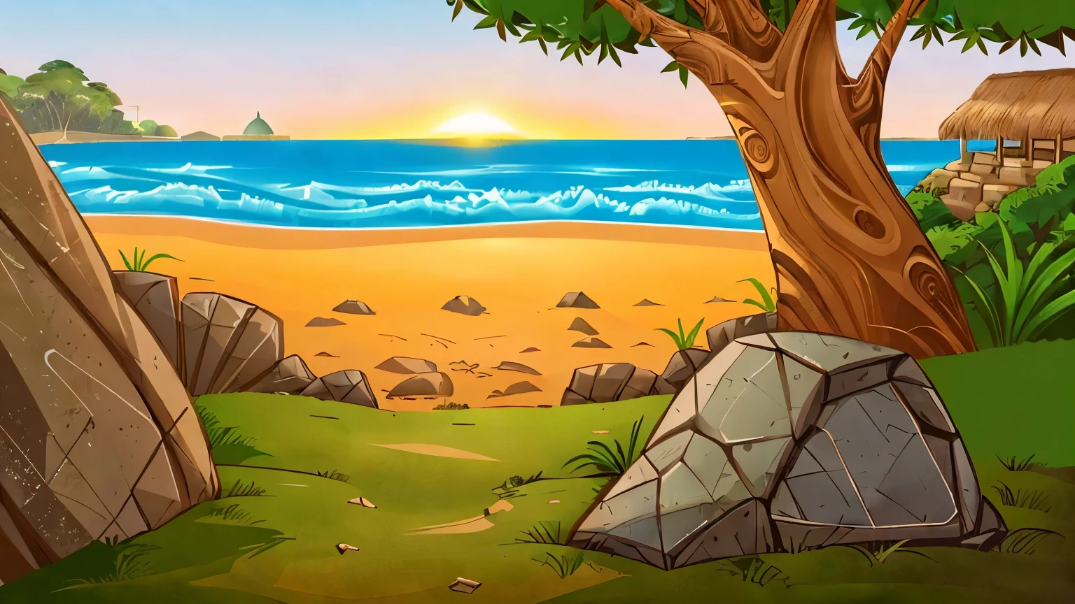 there is a cartoon of a beach with a tree and rocks, fundo da ilha, arte de fundowork, arte de fundo, Plano de fundo do jogo para celular, fundo de praia, background by the sea, Fundo de arte do jogo 2D, Fundo de savana, fundo do jogo 2d, beach sunset background, fundo da arena, Fundo da paisagem, ancient ruins background, scenic background, epic background, fundo do campo de batalha