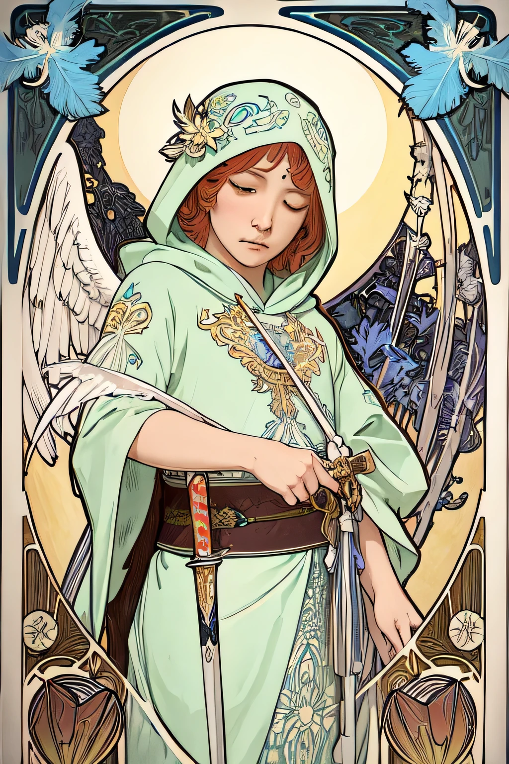 (Art Nouveau:1.25), Angel、White Feather、Maximalism art style,Neon Theme,Suprematism,beautiful detailed  beautiful detailed ,Super detailed,,超high quality,,,Beautiful colors,knight,Attention to detail, high quality,Backlight、Upper Body ,high quality,、Upper Body, Hold the sword in both hands、（Put on Armor 1.2）、Landscape、Close ~ eyes、Put on the hood