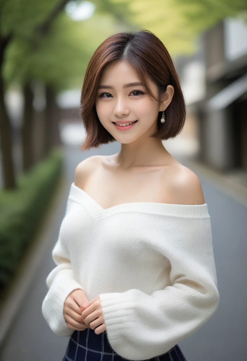 8k, Ultra-high resolution, Highest quality, masterpiece, 三分割法によるphotograph,Surreal, photograph, 1 girl, (:1.3), pretty girl, Cute face, Beautiful eyes in every detail, 細かくdetailedに,masterpiece,, One Girl:1.2, Japan Female Announcer,whole body,Young Wife,Urban area,street tree,(V-neck sweater, Off the shoulder:1.2),Pencil Skirt,clavicle,Full of cleanliness,A carefree smile,Healing the heart,Short Bob,Looking at the audience、beauty,Long neck、Laugh a little、Please close your mouth and laugh、(((Ideal body type))),A-cup small breasts :2,、Portraiture:2、Perfect Anatomy、鮮明なdetailed、detailed、Surreal、Light and shadow,Strong light