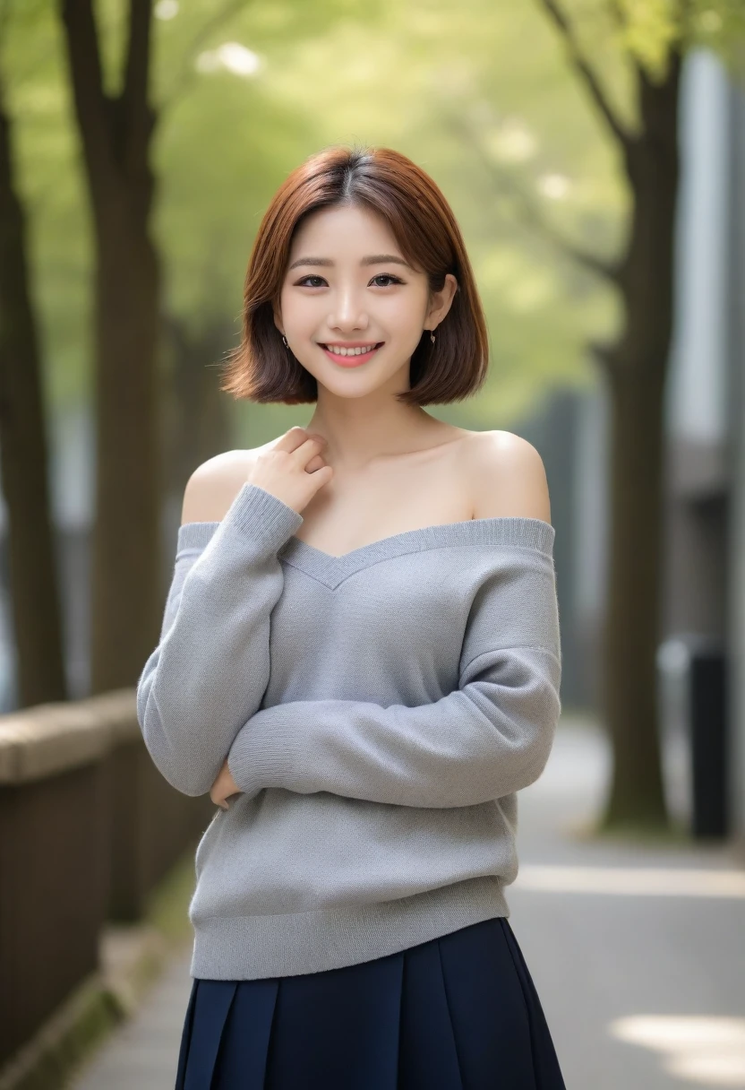 8k, Ultra-high resolution, Highest quality, masterpiece, 三分割法によるphotograph,Surreal, photograph, 1 girl, (16 years old:1.3), pretty girl, Cute face, Beautiful eyes in every detail, 細かくdetailedに,masterpiece,, One Girl:1.2, Japan Female Announcer,whole body,Young Wife,Urban area,street tree,(V-neck sweater, Off the shoulder:1.2),Pencil Skirt,clavicle,Full of cleanliness,A carefree smile,Healing the heart,Short Bob,Looking at the audience、beauty,Long neck、Laugh a little、Please close your mouth and laugh、(((Ideal body type))),A-cup small breasts :2,、Portraiture:2、Perfect Anatomy、鮮明なdetailed、detailed、Surreal、Light and shadow,Strong light