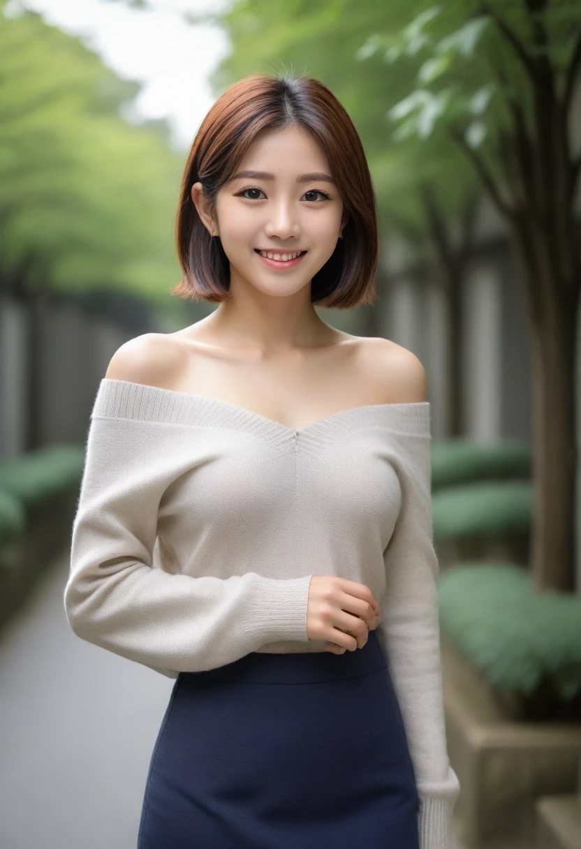 8k, Ultra-high resolution, Highest quality, masterpiece, 三分割法によるphotograph,Surreal, photograph, 1 girl, (:1.3), pretty girl, Cute face, Beautiful eyes in every detail, 細かくdetailedに,masterpiece,, One Girl:1.2, Japan Female Announcer,whole body,Young Wife,Urban area,street tree,(V-neck sweater, Off the shoulder:1.2),Pencil Skirt,clavicle,Full of cleanliness,A carefree smile,Healing the heart,Short Bob,Looking at the audience、beauty,Long neck、Laugh a little、Please close your mouth and laugh、(((Ideal body type))),A-cup small breasts :2,、Portraiture:2、Perfect Anatomy、鮮明なdetailed、detailed、Surreal、Light and shadow,Strong light
