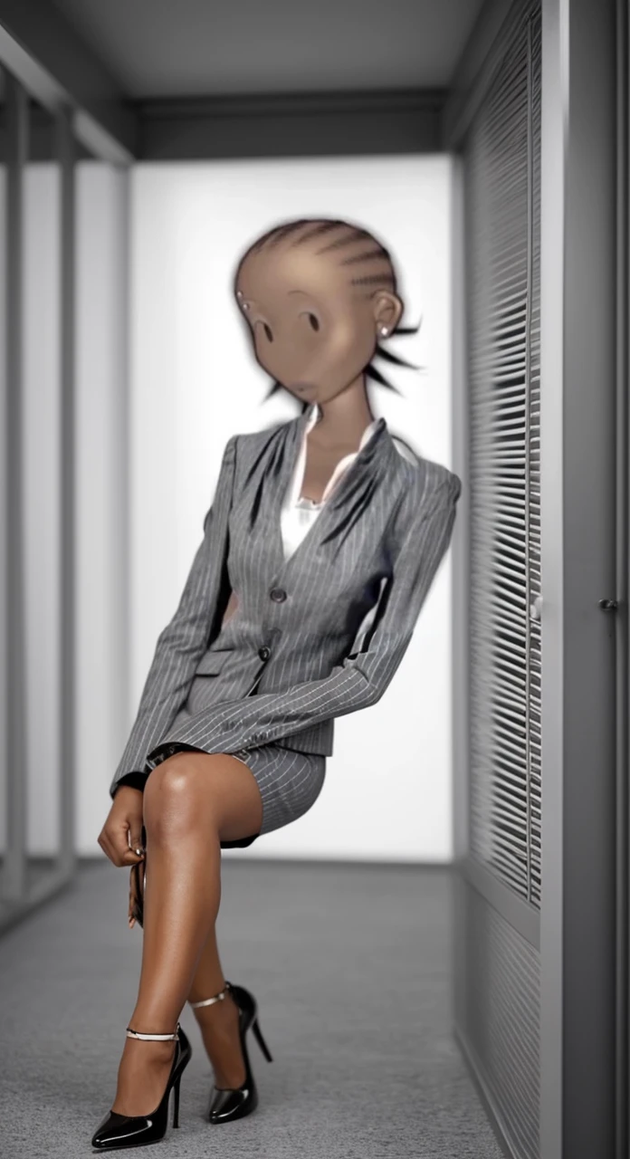 Black business woman in a
Pinstriped skirt suit with grey heels