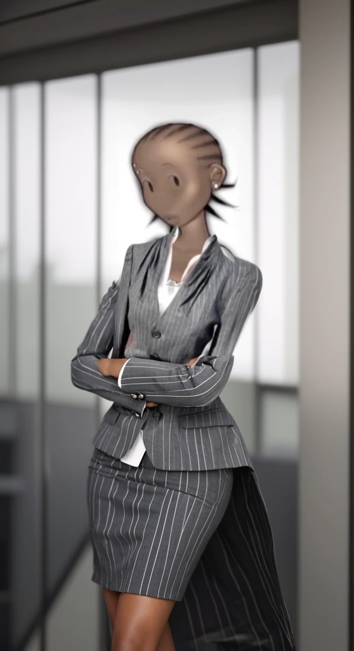 Black business woman in a
Pinstriped skirt suit with grey heels
