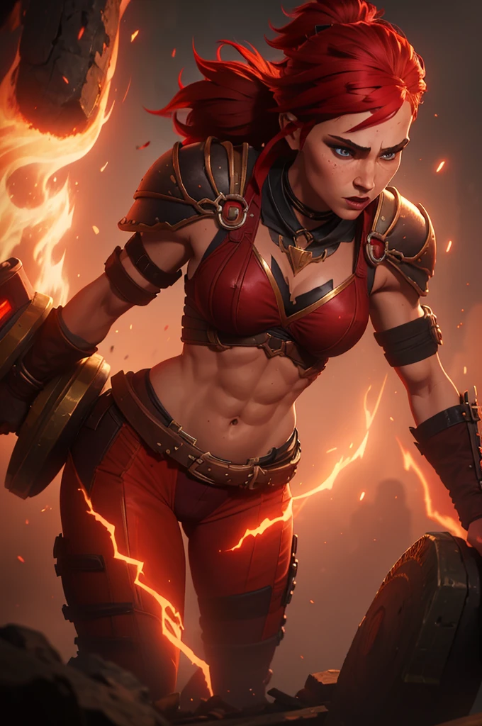 A muscular female warrior battle chasers nightwar red monika with red hair in a high ponytail, wearing a red and gold armored outfit. Her costume includes a form-fitting top and large shoulder guards, with a dark cloak around her neck. The background is dark with orange flames, adding a dramatic effect. JoeMAD2023,1girl, Red_Monica_v2, large breasts, action pose, 8k, uhd, best quality, cartoon, armor, trending on artstation, vibrant colors, epic fantasy, comic style,red hair, ancient city, toned body, abs,