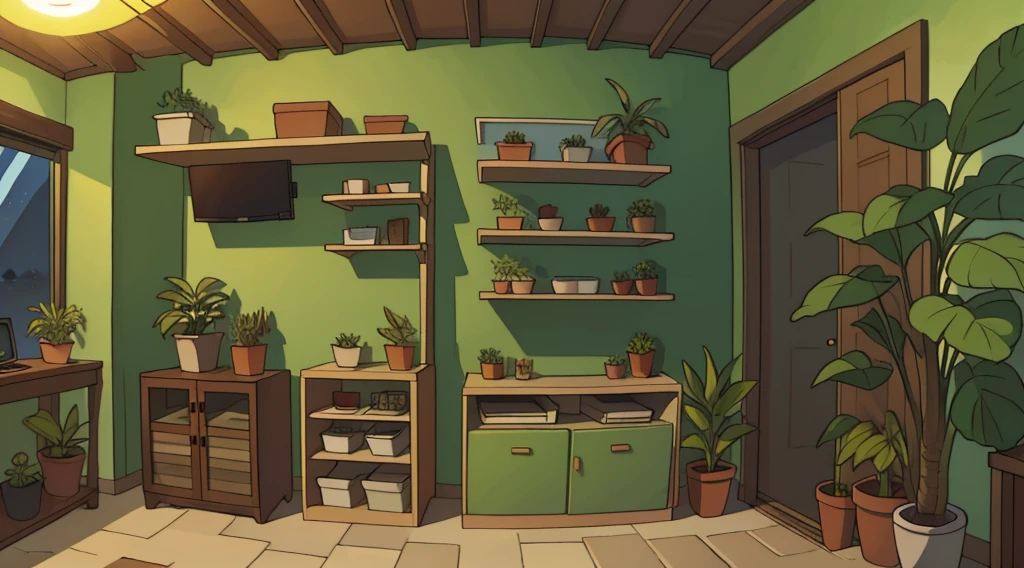 gabinete, algumas plantas, ensolarado