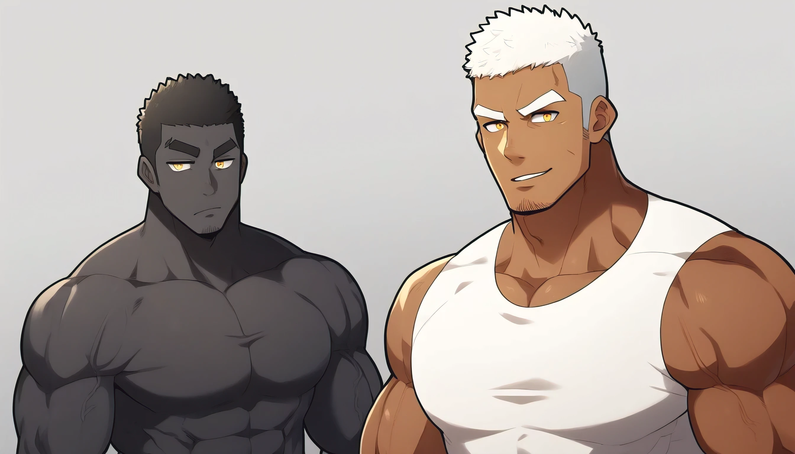 negro, negro, negro, anime characters：Gyee, Fitness coach, negro black skin, 1 muscular tough guy, Manliness, White cat ears, male focus, Cream White Sleeveless Tight T-Shirt, Very tight, The pectoral muscles are oversized, Slightly transparent, muscular male, muscular, only, Upper body, alone, White short hair, Thick eyebrows, stubble, Yellow eyes, Grey background, simple background, amazing quality, best aesthetics, Ridiculous, bright pupils, crew cut, parted lips, seductive smile, torogao, naughty face, drop shadow, best quality