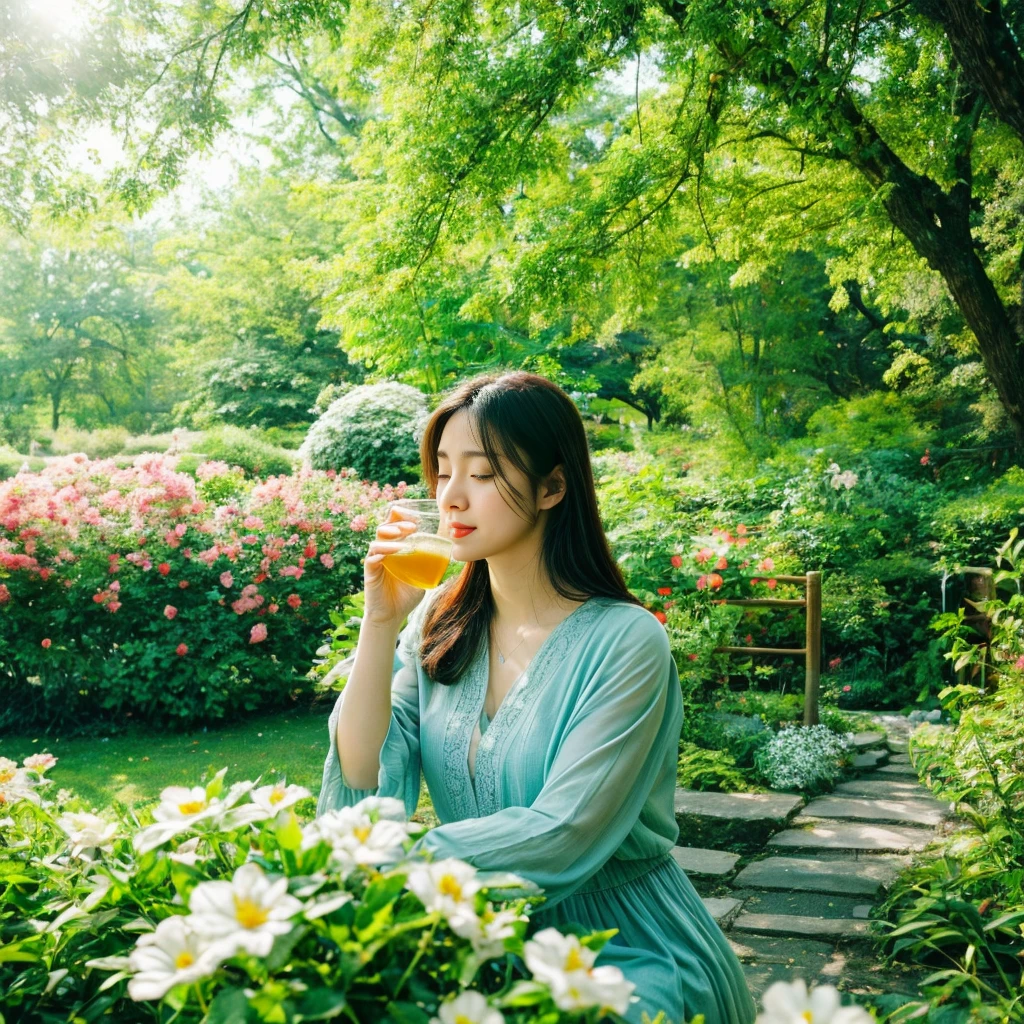 "A serene and tranquil garden scene away from the city's noise. A kind woman with a gentle expression tends to vibrant flowers. The garden is lush with greenery, colorful blooms, and a clear, flowing spring. A man with sorrow in his eyes sits by the spring, looking relieved as he drinks from it. The background features a wide, open sky symbolizing peace and hope. The atmosphere is calm and soothing, with warm, soft light filtering through the trees. The scene should convey healing, peace, and a sense of renewed hope."。 High resolution, masterpiece, Highest quality, Intricate details, Very detailed, Clear focus, Delicate skin, practical skin texture, texture, Delicate eyes, Professional, 4K, Shot with Canon, 85mm, Shallow and deep, Kodak Vision Color, Exactly, Very detailed, photograph_\(Extremist\), photographpractical, practical, Post-processing, Maximum details, Roughness, Real Life, Extremist practical, Photorealism, photographgraphy, 8K Ultra HD, photographgraphy