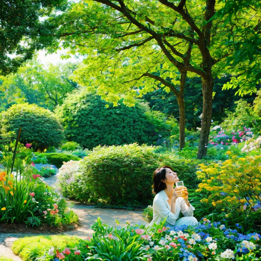 "A serene and tranquil garden scene away from the city's noise. A kind woman with a gentle expression tends to vibrant flowers. The garden is lush with greenery, colorful blooms, and a clear, flowing spring. A man with sorrow in his eyes sits by the spring, looking relieved as he drinks from it. The background features a wide, open sky symbolizing peace and hope. The atmosphere is calm and soothing, with warm, soft light filtering through the trees. The scene should convey healing, peace, and a sense of renewed hope."。 High resolution, masterpiece, Highest quality, Intricate details, Very detailed, Clear focus, Delicate skin, practical skin texture, texture, Delicate eyes, Professional, 4K, Shot with Canon, 85mm, Shallow and deep, Kodak Vision Color, Exactly, Very detailed, photograph_\(Extremist\), photographpractical, practical, Post-processing, Maximum details, Roughness, Real Life, Extremist practical, Photorealism, photographgraphy, 8K Ultra HD, photographgraphy