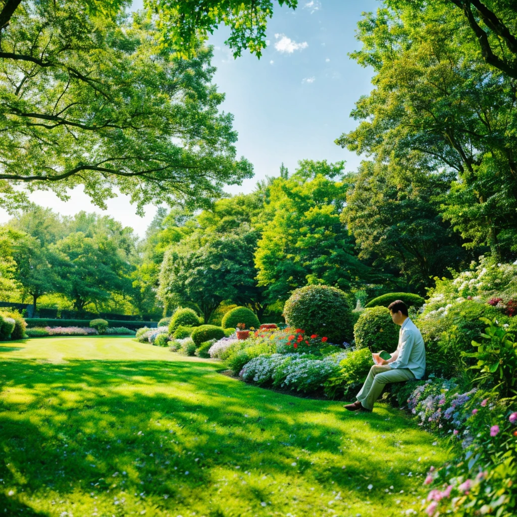"A serene and tranquil garden scene away from the city's noise. A kind woman with a gentle expression tends to vibrant flowers. The garden is lush with greenery, colorful blooms, and a clear, flowing spring. A man with sorrow in his eyes sits by the spring, looking relieved as he drinks from it. The background features a wide, open sky symbolizing peace and hope. The atmosphere is calm and soothing, with warm, soft light filtering through the trees. The scene should convey healing, peace, and a sense of renewed hope."。 High resolution, masterpiece, Highest quality, Intricate details, Very detailed, Clear focus, Delicate skin, practical skin texture, texture, Delicate eyes, Professional, 4K, Shot with Canon, 85mm, Shallow and deep, Kodak Vision Color, Exactly, Very detailed, photograph_\(Extremist\), photographpractical, practical, Post-processing, Maximum details, Roughness, Real Life, Extremist practical, Photorealism, photographgraphy, 8K Ultra HD, photographgraphy
