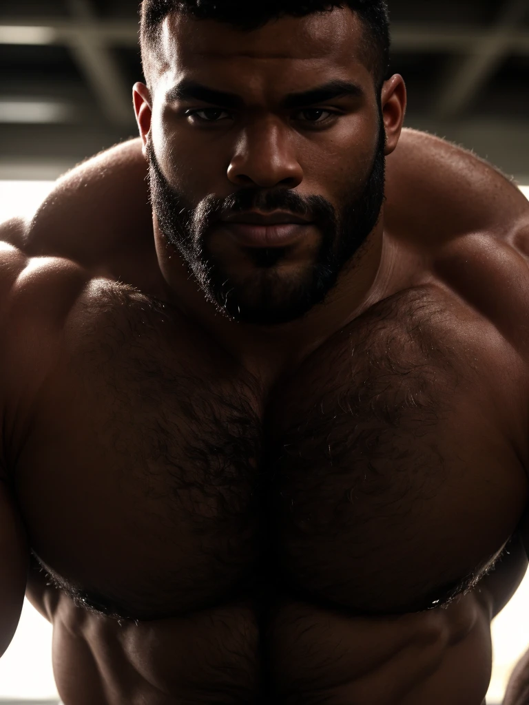 extreme close-up, close-up on face, solo, black male, 24yo strongman, beefy, (hairy, hirsute), romantic, handsome, (sharp focus, soft lighting, film photography, photorealistic, hyperreal),