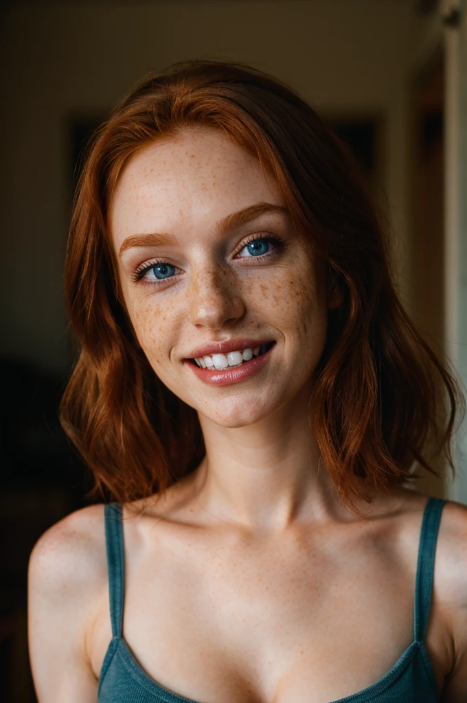 Hyperrealistic photography of a super cute Irish redhead with dark theme, freckles, skinny, thin nose, porous skin and short hair. (full body), (flared breasts, large), (small waist, slim body), hard nipple with realistic details, blue eyes, big eyes, detailed eyes, realistic skin, epic realism, HDR: 1.5, epic skin detail, (lustful smile, seductive look, perfect teeth), (8k, RAW photo, maximum quality),