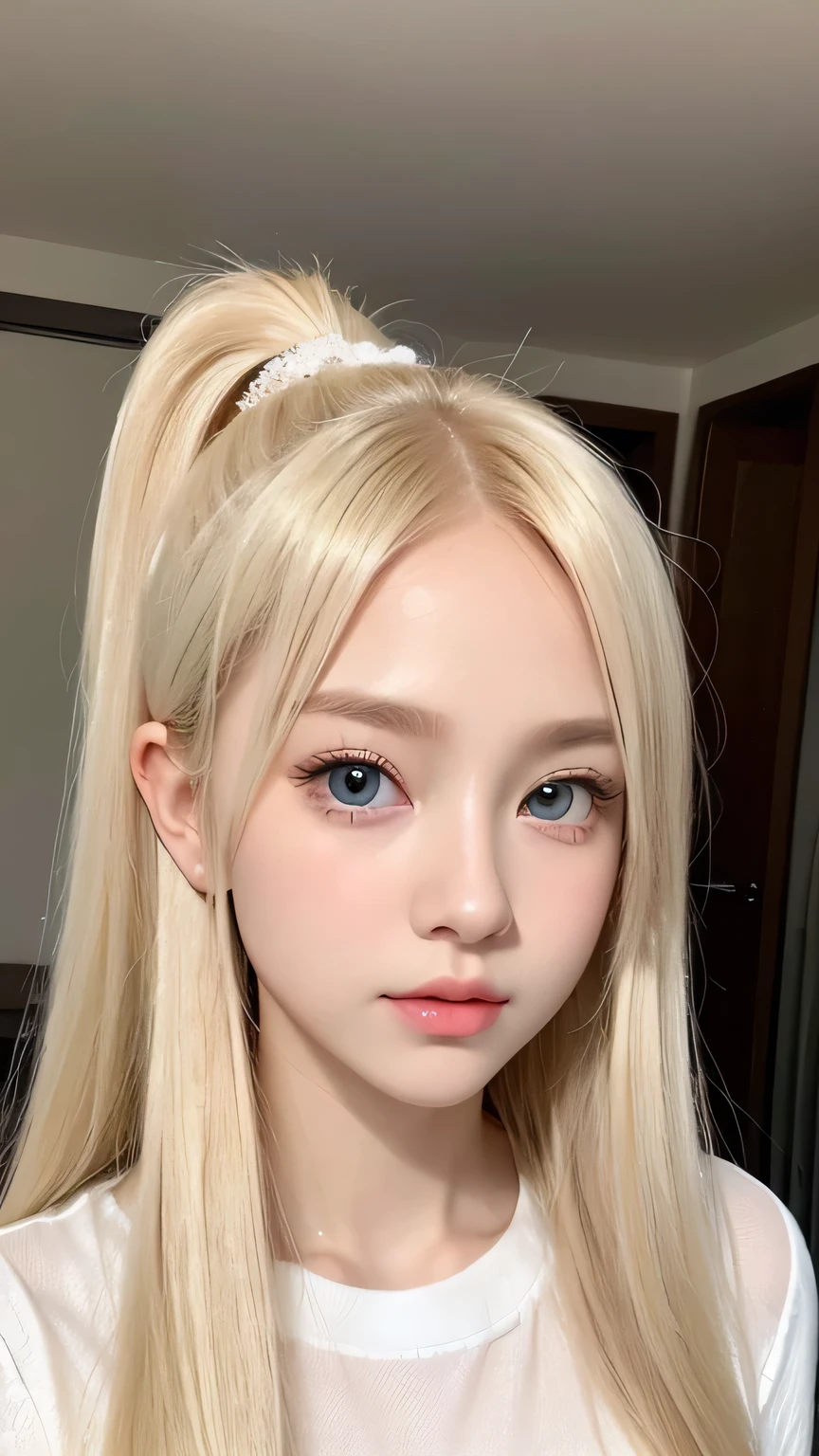 ((Glossy blonde hair and dazzling glossy hair))、A lovely little beautiful face of 、Bright expression、ponytail、A cute face that suits you、Long, lustrous bangs dancing in front of her pretty face between her eyes、bangs that hide the face、(Very beautiful super long straight silky hair),Sexy cute young woman、Very big eyes、Sparkling, light, pale blue eyes、Small Face Beauty、Round face、White skin、Glowing Skin、Cheek gloss、Gloss Face、Young face、Lolita Face、