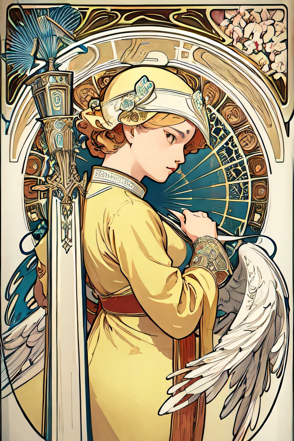 (Art Nouveau:1.25), Angel、White Feather、Maximalism art style,Neon Theme,Suprematism,beautiful detailed  beautiful detailed ,Super detailed,,超high quality,,,Beautiful colors,knight,Attention to detail, high quality,Backlight、Upper Body ,high quality,、Upper Body, Hold the sword in both hands、（Put on Armor 1.2）、Landscape
