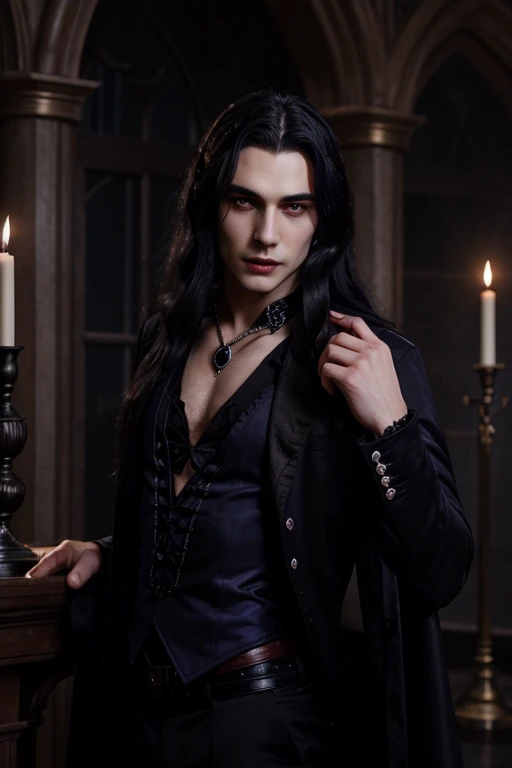 young handsome hetero Man Jinx Edward vampire with big indigo-eyes and gems and long black hair, with nice and delicate face, in a dark gothic magic castle with annie and claudia and Lestat