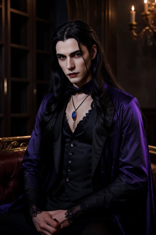 young handsome hetero Man Jinx Edward vampire with big indigo-eyes and gems and long black hair, with nice and delicate face, in a dark gothic magic castle with annie and claudia and Lestat