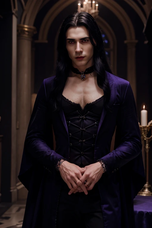 young handsome hetero Man Jinx Edward vampire with big indigo-eyes and gems and long black hair, with nice and delicate face, in a dark gothic magic castle with annie and claudia and Lestat