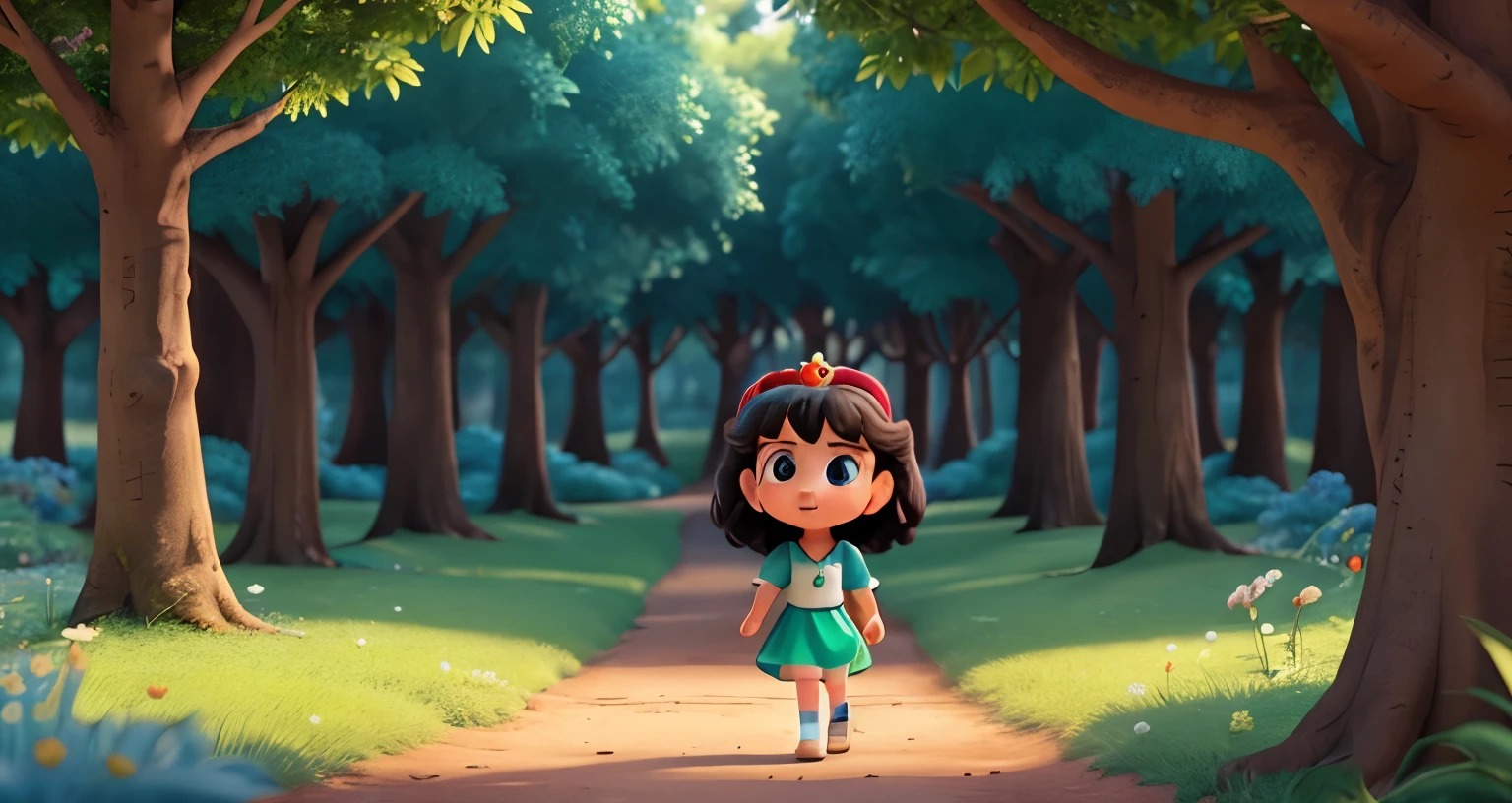 create a PIXAR-style image of a children's cartoon, set in the forest, of a princess finding a necklace that has the colors blue, green, white and red