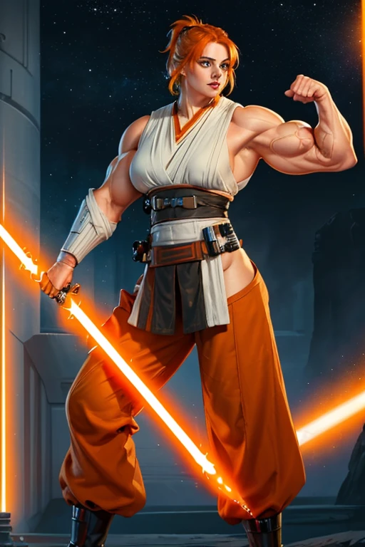 (((Massive, tall, beautiful, buff, muscular pale white skinned female Jedi with orange hair, black lipstick, ginormous bulky muscles, holding a lightsaber and wearing an all orange Jedi outfit and Jedi pants))), (close view), black eyeliner, massive muscles, massive biceps, hyper muscle triceps, (long shaggy hair), green eyes, Jedi boots, In space, Jedi outfit, Jedi pants, nighttime, confident smile, hyper muscles arms, hyper muscle legs, (massive arms)