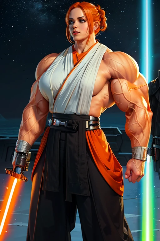 (((Massive, tall, beautiful, buff, muscular pale white skinned female Jedi with orange hair, black lipstick, ginormous bulky muscles, holding a lightsaber and wearing an all orange Jedi outfit and Jedi pants))), (close view), black eyeliner, massive muscles, massive biceps, hyper muscle triceps, (long shaggy hair), green eyes, Jedi boots, In space, Jedi outfit, Jedi pants, nighttime, confident smile, hyper muscles arms, hyper muscle legs, (massive arms)