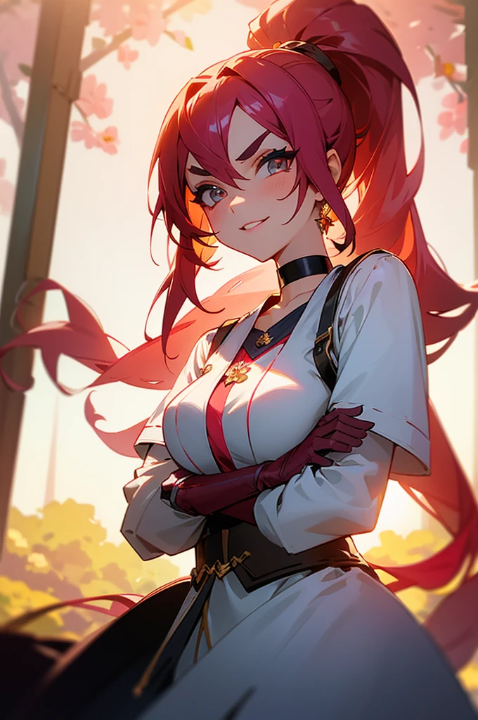 (best quality:1.2),solo,1girl,mdrin,smile,looking at viewer,crossed arms,ponytail,v-shaped eyebrows,white jacket,red shirt,fingerless gloves,black skirt,choker,illustration,detailed background,soft lighting,vibrant colors,fantasy style,blurred foreground,flower garden,subtle shadows,daytime ambiance,lens flare,expressive eyes,lively atmosphere,joyful expression,impeccable makeup,glossy lips,twinkling eyes,sunlit scene,whimsical feeling, ultra long hair

