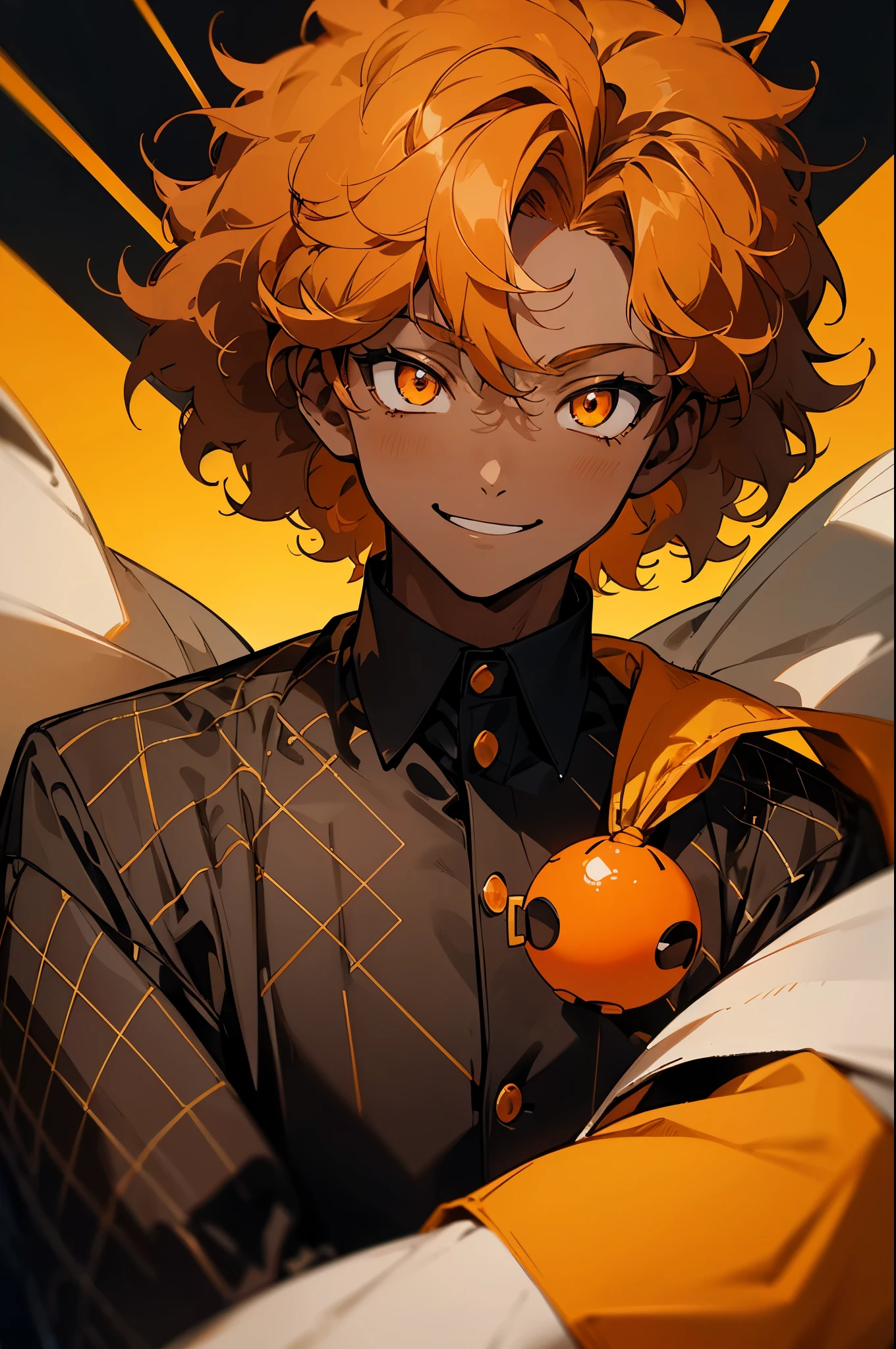 Cartoon image of black-skinned man with faded hairstyle in black shirt and yellow plaid jacket, Character Portrait, Light orange eyes, Curly Afro(Black:1.5,), Smiling, Inspired by Huey from The Boondocks, (Black:1.5,Dark brown:1.3, orange:1.2), Half-shaved hairstyle
