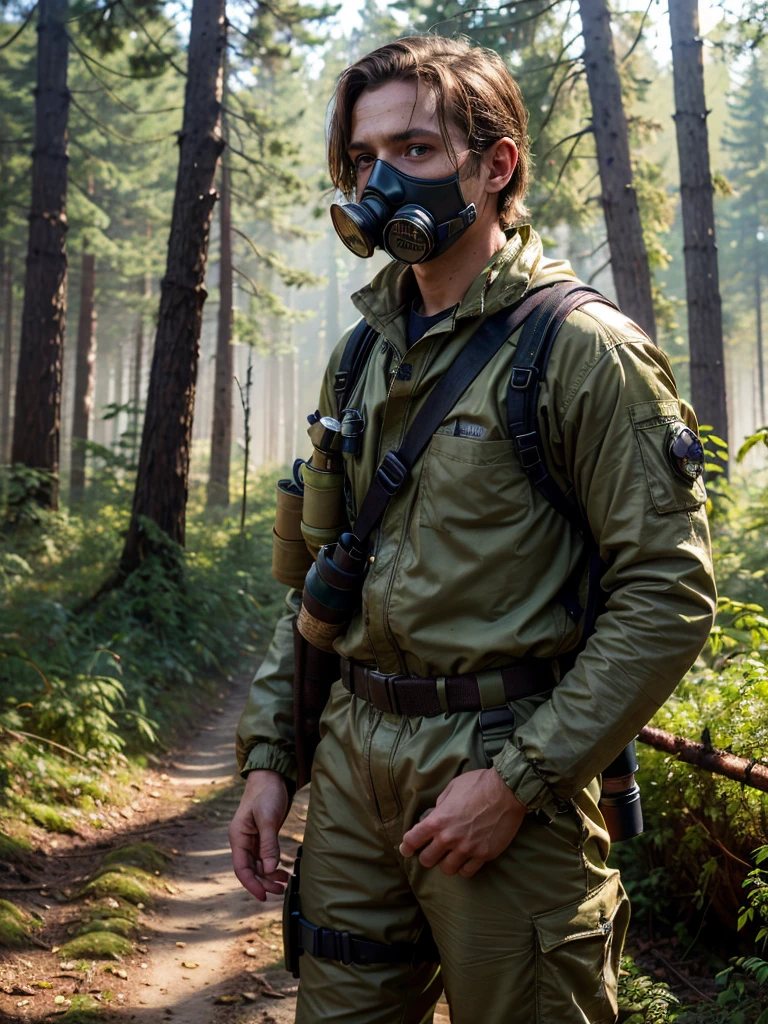 (best quality, masterpiece, highest detailed), (photorealistic:1.2), (detailed light:1.2), (Realistic skin texture:1.4), raw photo, upper body shot, a man in a khaki chemical protective suit, gasmask, in the middle of a burnt forest, looking at viewer, ((dead black forest)), radioactive ash flying from the sky, ((post-apocalysis)), World War III