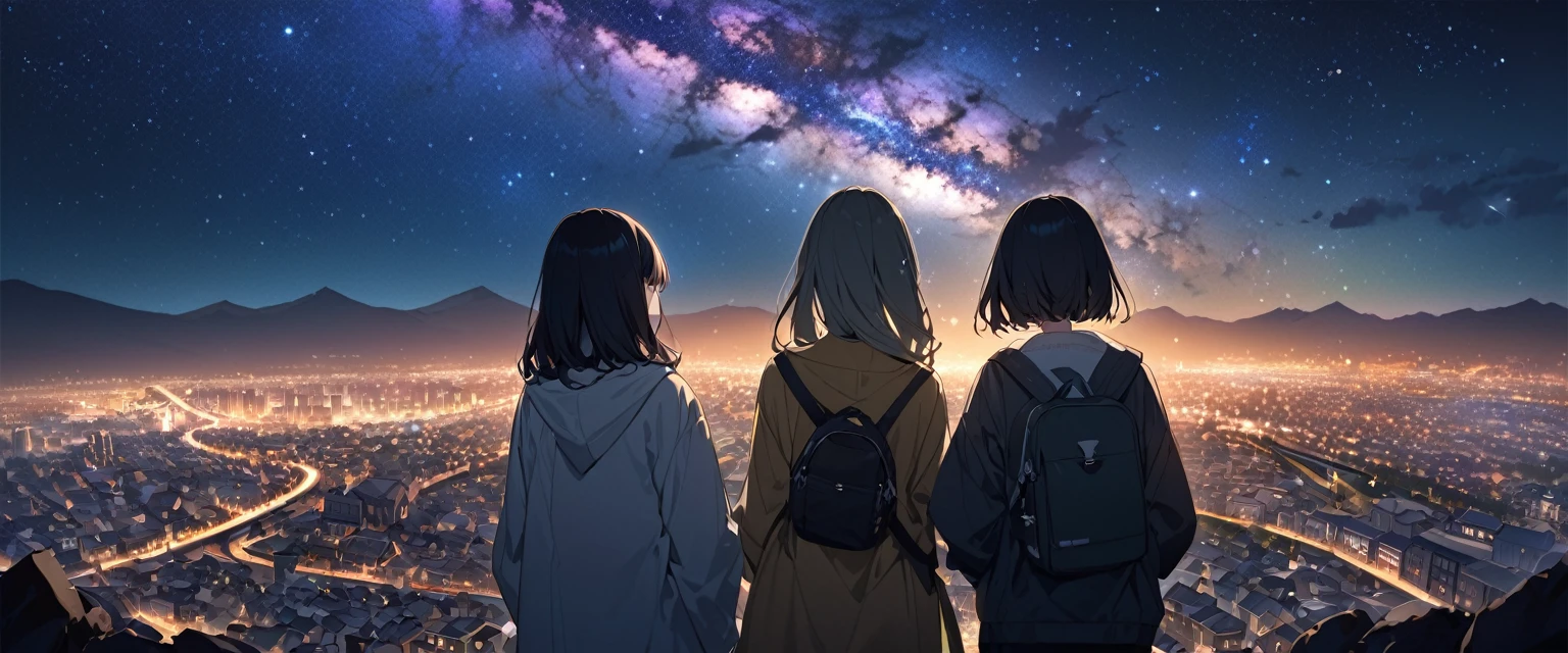 (Highest quality、Very detailed、Very detailed and beautiful、Ultra-high resolution) 、Spectacular landscapes、starry skies、Night view of the town、Three high school girls looking into the distance