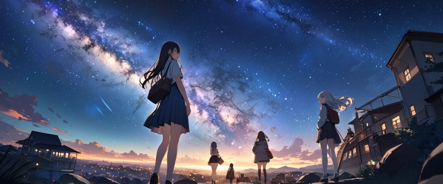 (Highest quality、Very detailed、Very detailed and beautiful、Ultra-high resolution) 、Spectacular landscapes、starry skies、Night view of the town、Three high school girls looking into the distance