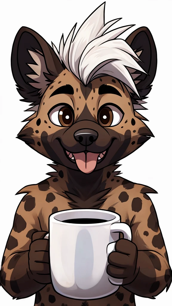 masterpiece, high quality, Solitary, young Furry, hairy, young, hyena, Only the head has spiky white hair, Brown eyes, masterpiece,Delicate face, delicate eyes, high resolution, Mug shot,Cartoon,White background,Stick out your tongue,Squinting,There is no body,Facial Expressions