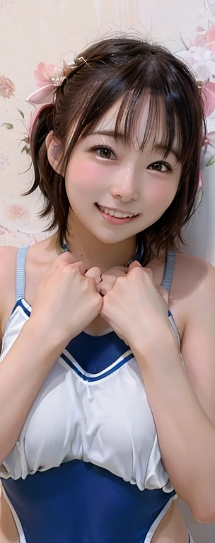 ((Highest quality)), Highest quality, 8k wallpaper, (girl), Laugh shyly,blush, Laugh shyly, Gaze lovingly, School Swimsuit