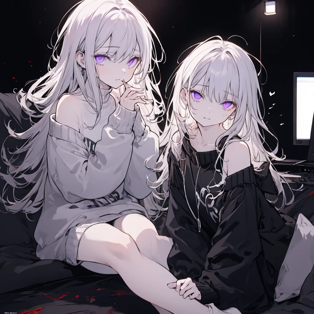 ((Best quality)), ((masterpiece)), (detailed), 1 girl, off shoulder sweater, albino, Violet eyes, night, realistic lighting, slender bare legs, detailed hands Your eyes are like two cursors Flashing on your face. 
I swear to you by the monitor - I need you as COMMAND.COM 