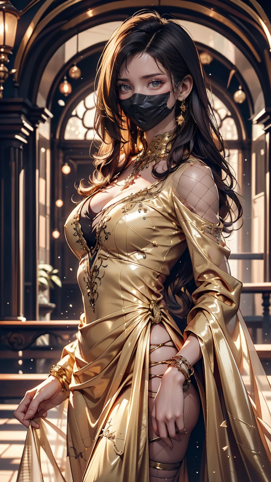 Supermodel with detailed long, curly, flowing hair, Dressed in golden clothes (Translucent and exquisitely embroidered) (Metallic Surgical Mesh Mask) Cover your face, ((mouth is hidden))((See-through)), wearing strange future fashion, Luxurious and exquisite gold accents, Cinematography, Exquisitely crafted, Created, Scrupulous, grow, Maximum details, Extremely beautiful, Bokeh, Professional photography