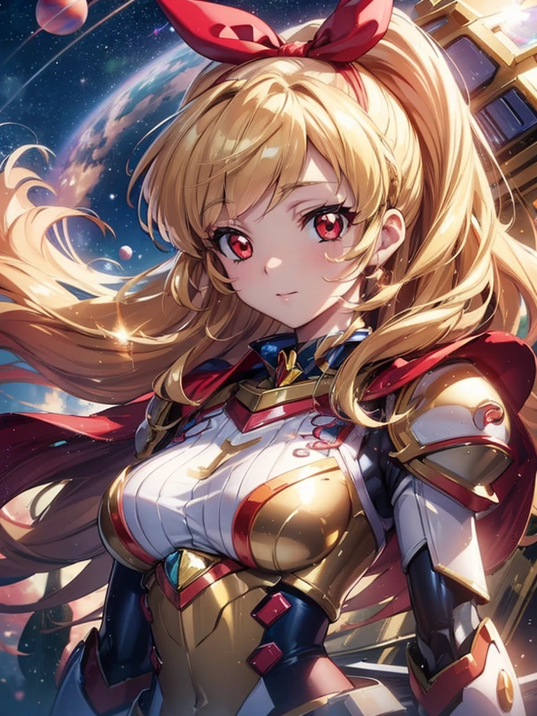 best quality, ultra detailed 8k cg render, masterpiece, high resolution, extremely detailed,
voluptuous beauty mecha girl,
super breasts,
, blonde hair, RED eyes,
gold White mix color mecha armor,
RED hair bund,
universe,outer space,
Venus planet,
bubble image,
persona face,Ichigo Hoshimiya (Aikatsu!)