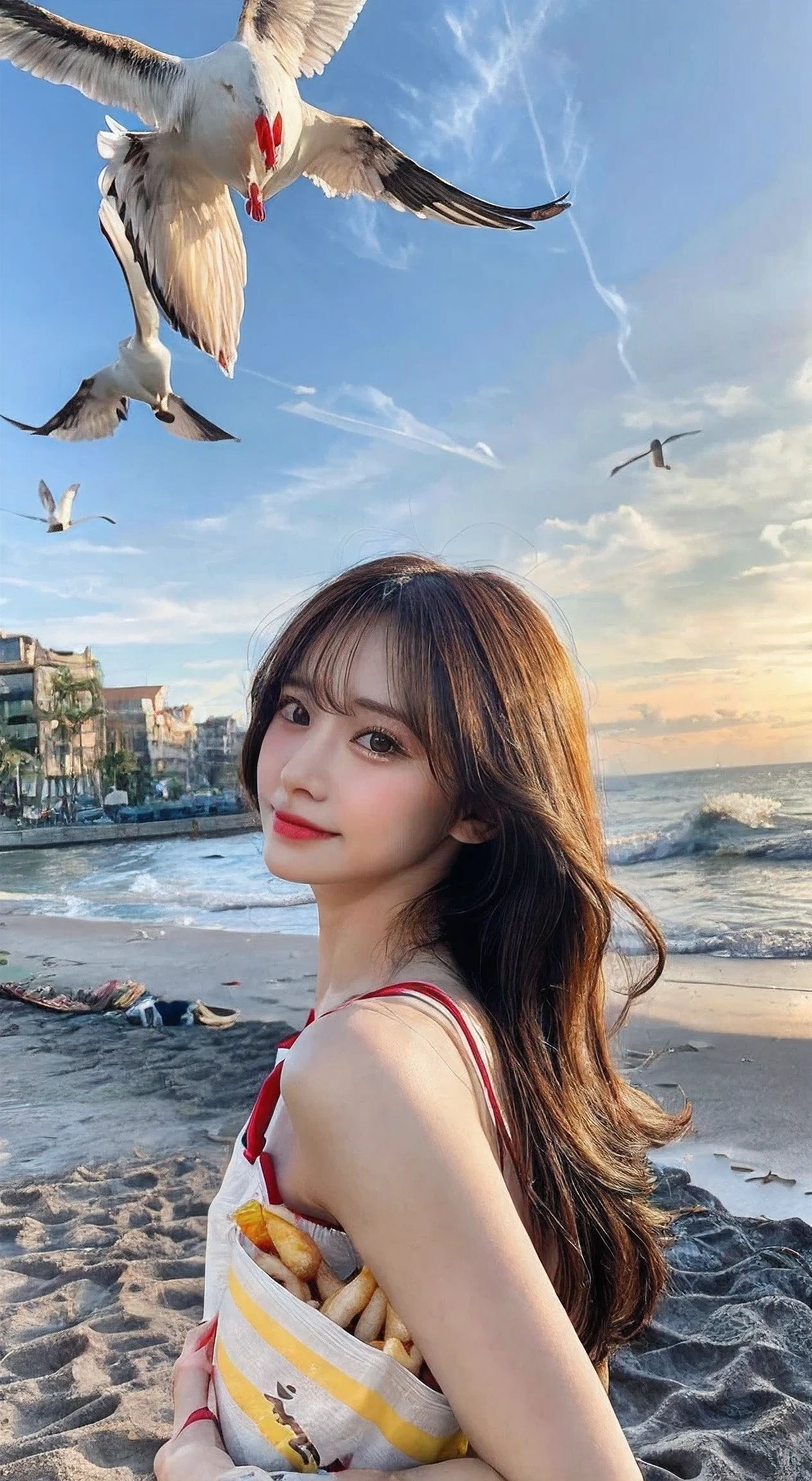 a beautiful woman carrying (french fries) facing the beach, (seagulls flying around), detailed portrait, intricate details, cinematic lighting, golden hour, vibrant colors, photorealistic, 8k, hyper detailed, masterpiece