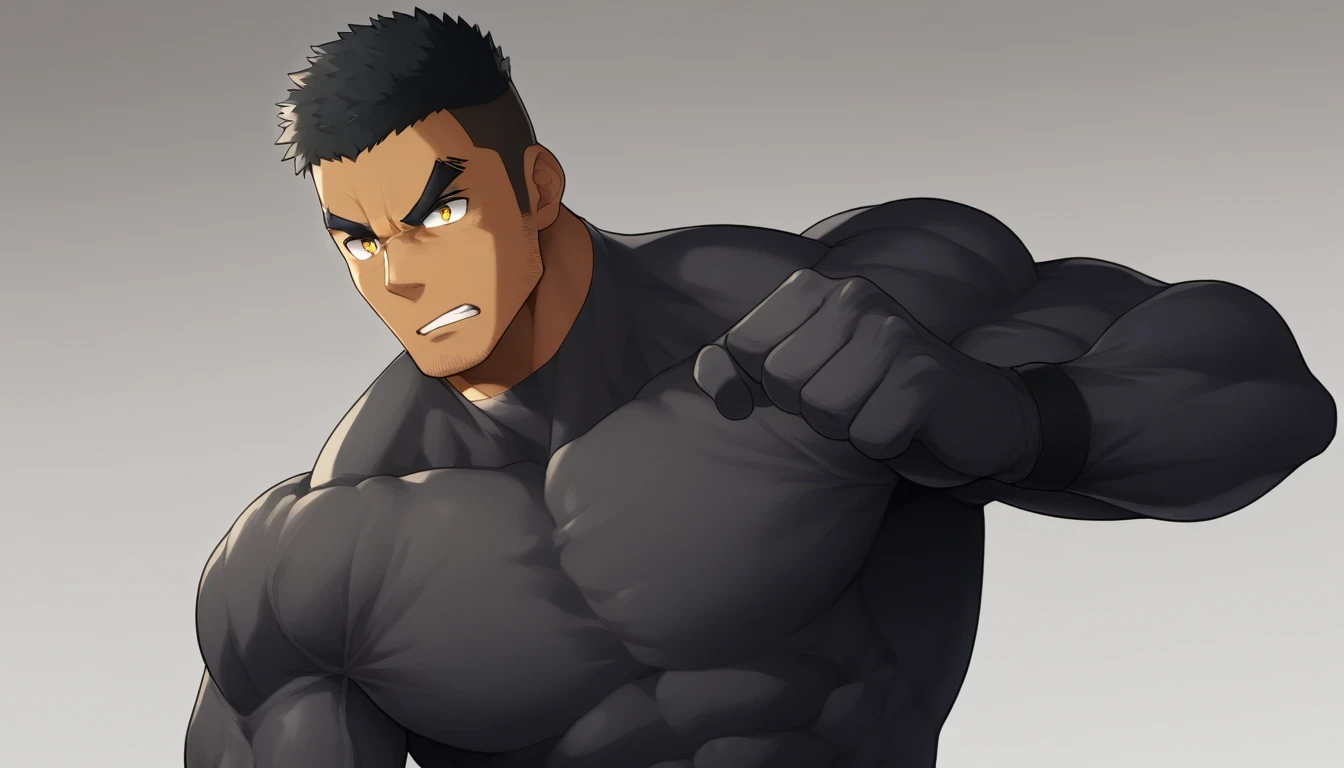 negro, negro, negro, anime characters:Gyee, Muscle Sports Student, negro black skin, 1 muscular tough guy, Manliness, male focus, Dark grey long sleeve tights, Very tight, The pectoral muscles are oversized, Slightly transparent, muscular male, muscular, only, Upper body, alone, Black short hair, Thick eyebrows, stubble, Yellow eyes, White background, simple background, amazing quality, best aesthetics, Ridiculous, bright pupils, crew cut, parted lips, v-shaped eyebrows, jitome, best quality