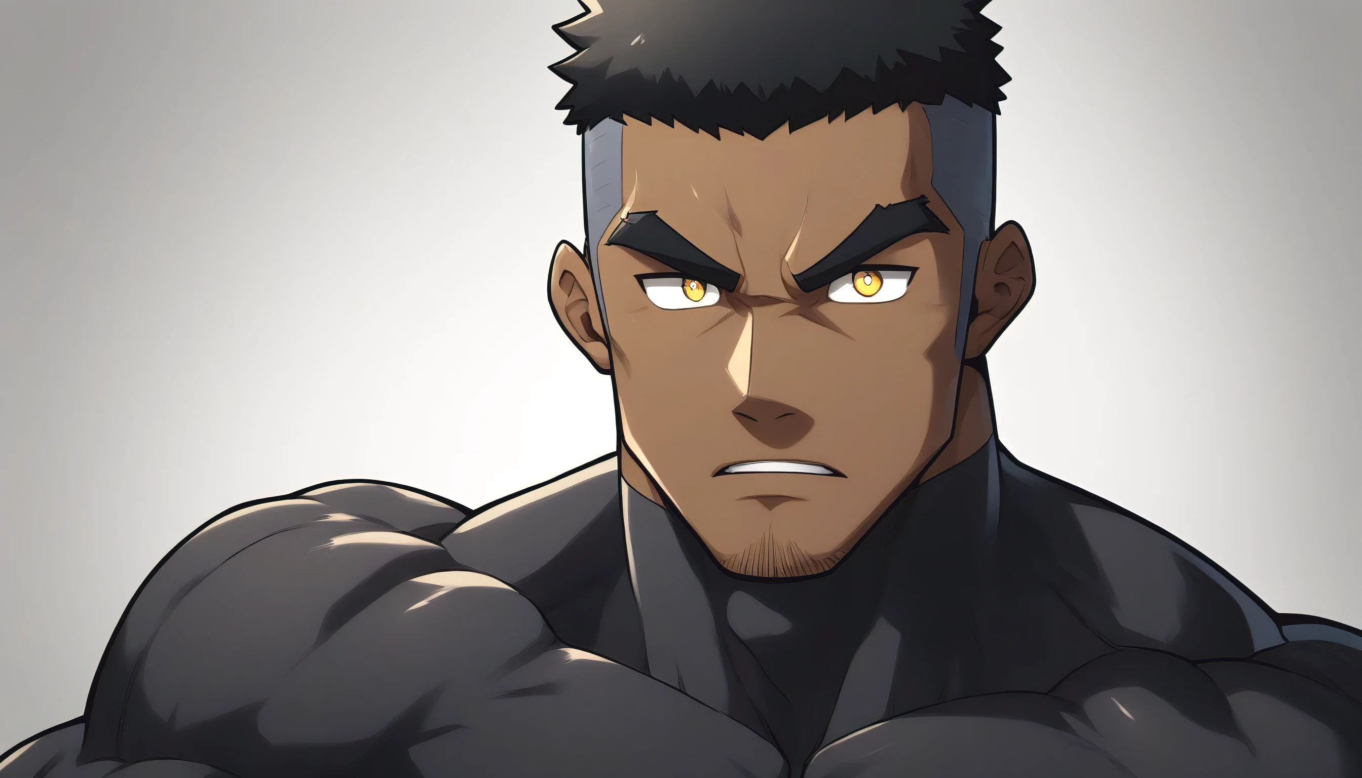 negro, negro, negro, anime characters：Gyee, Muscle Sports Student, negro black skin, 1 muscular tough guy, Manliness, male focus, Dark grey long sleeve tights, Very tight, The pectoral muscles are oversized, Slightly transparent, muscular male, muscular, only, Upper body, alone, Black short hair, Thick eyebrows, stubble, Yellow eyes, White background, simple background, amazing quality, best aesthetics, Ridiculous, bright pupils, crew cut, parted lips, v-shaped eyebrows, jitome, best quality