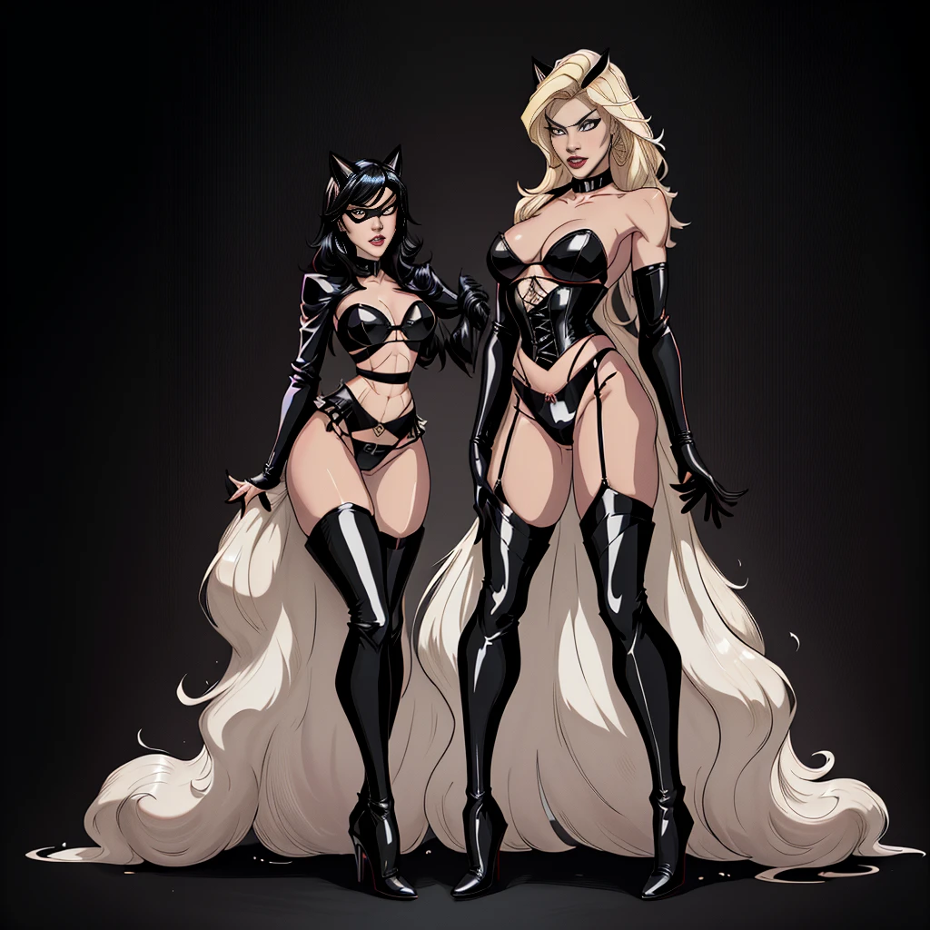 Black and white only. Mainline only.Vector line.Simple.Black Bikini.Black thigh-high boots with stiletto heels.Black corset.Black Long Gloves.Black garter belt.blonde.Full body image of a woman.No background.Cat mask.single



