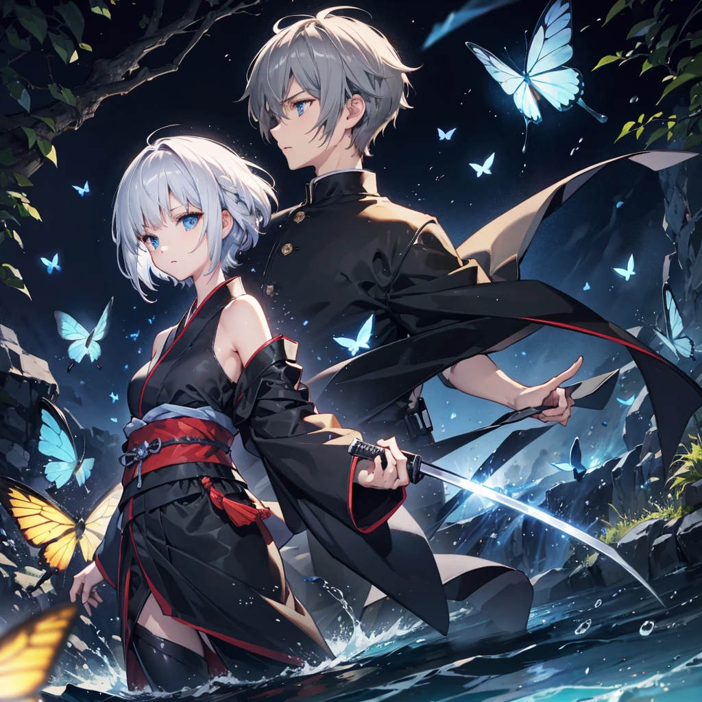 ((High resolution Gray Hair short hair Black kimono Black Band military commander Lonely despair blue eyes)) ((Yellow butterfly night Japanese style shoulder old Shining Aura garden water surface)) (dance Blade of Darkness Holding a sword Slashing) moon star Draw your sword Slashing Catch the wind