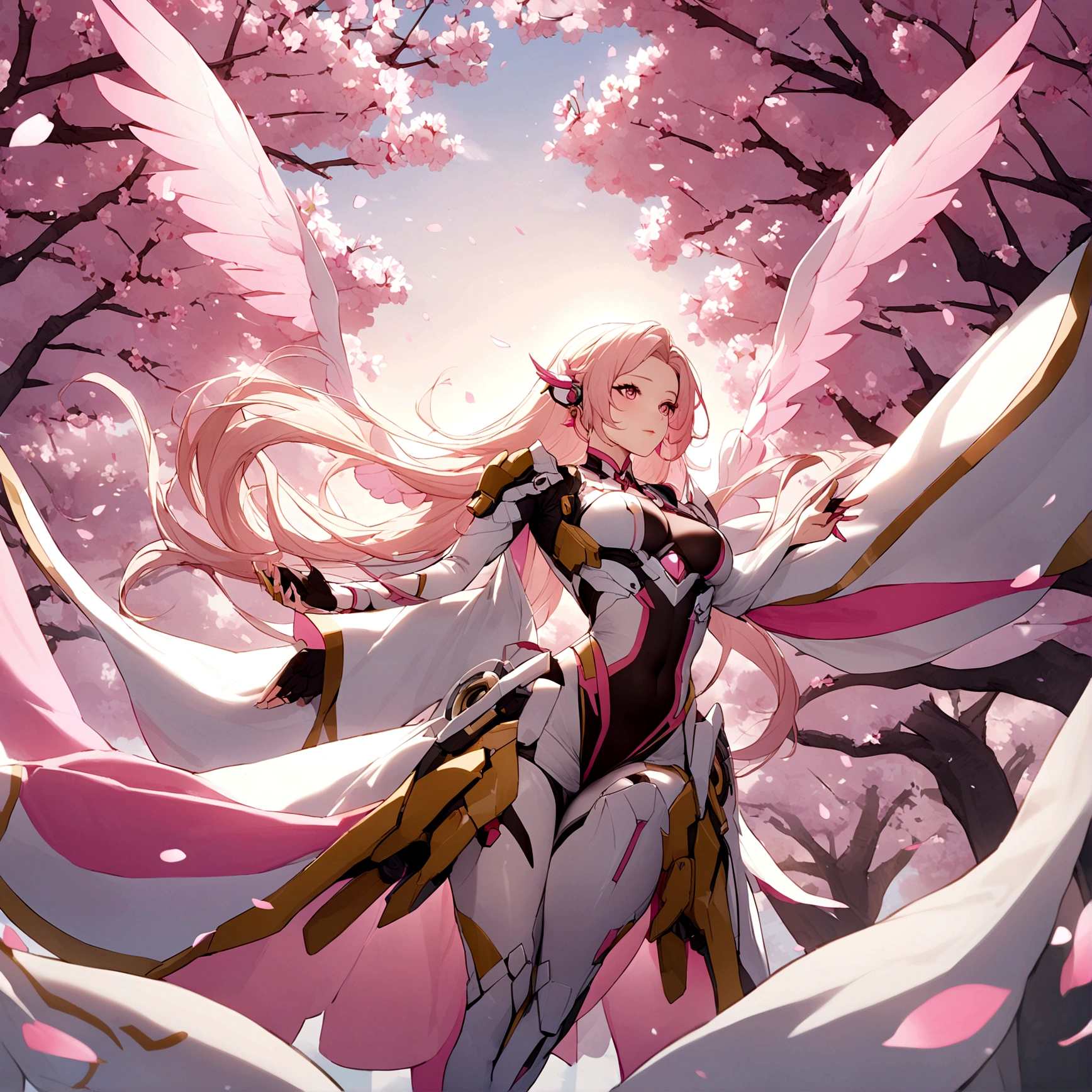 Pink mercy with long hair from overwatch surrounded by cherry blossoms in flight