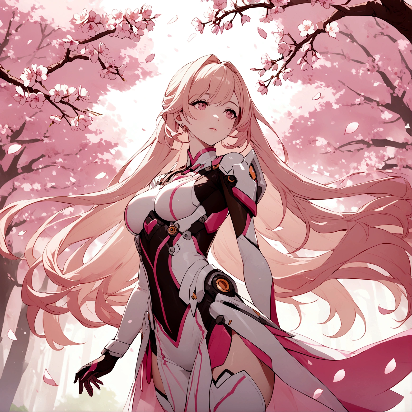 Pink mercy with long hair from overwatch surrounded by cherry blossoms in flight