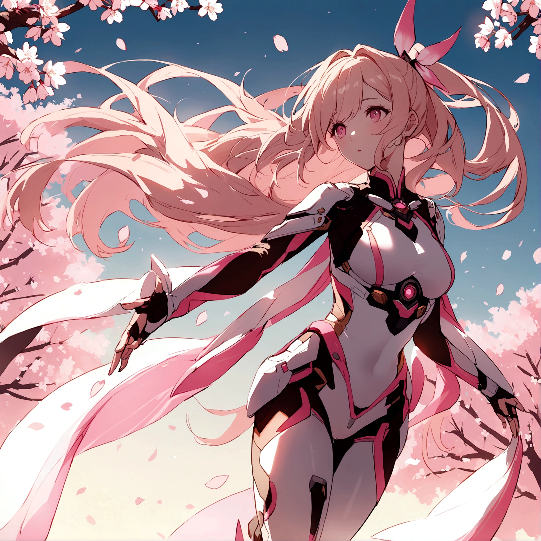 Pink mercy with long hair from overwatch surrounded by cherry blossoms in flight